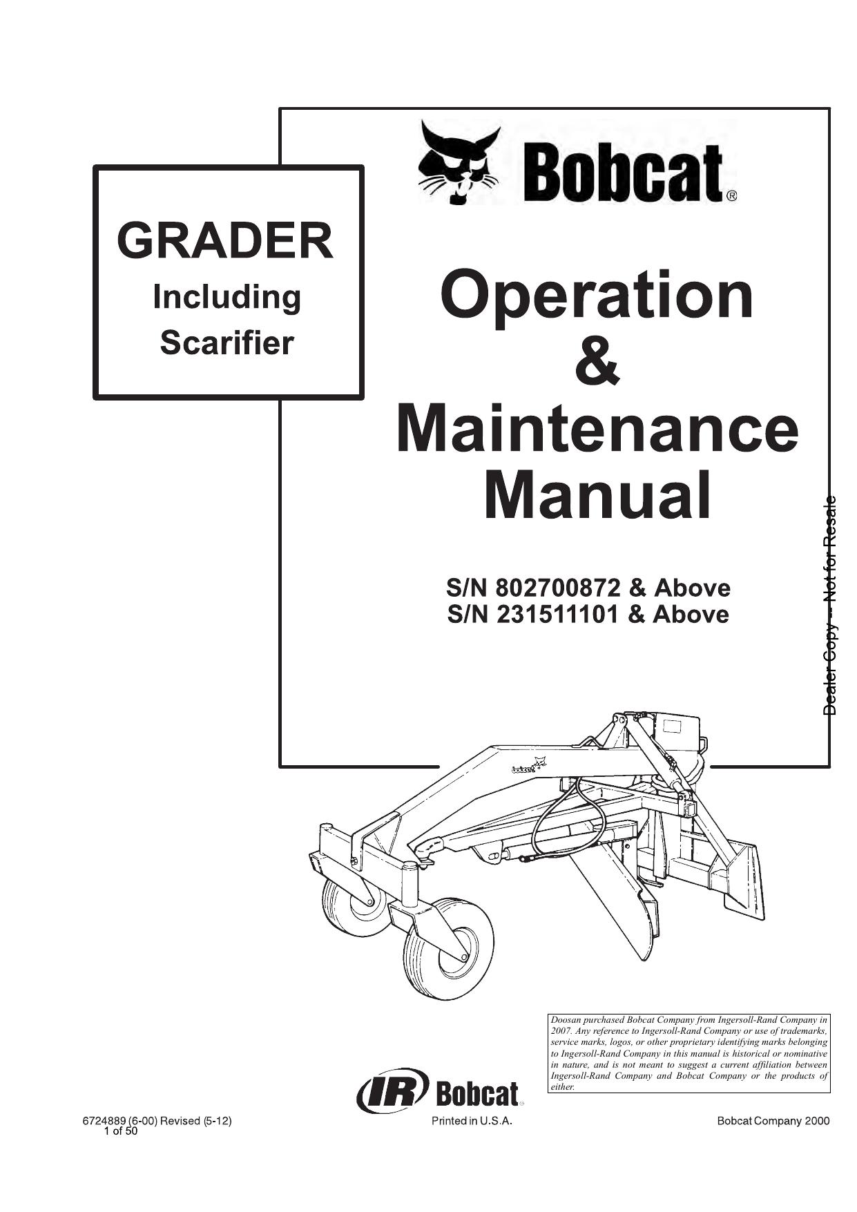 GRADER Including Scarifier Operation & Maintenance Manual Bobcat